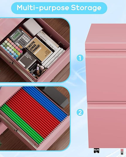 METAN 2 Drawer File Cabinet with Lock, Mobile Under Desk Filing Cabinet for Office Legal/Letter Size, Fully Assembled Except Wheels,Pink