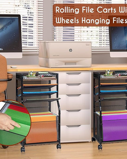 5-Tier Rolling File Cart with Hanging File Folders, Mobile Desk File Organizer on Lockable Wheels, Wood & Mesh Paper Letter Sliding Trays Organization for Office, Home, School, Patent