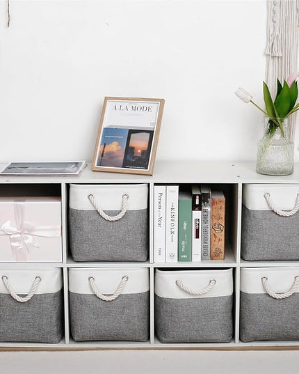 13 x 13 Inch Storage Cubes,6 Pack Cube Storage Bins for Shelves，Fabric Collapsible Storage Bins with Handles, Foldable Storage Basket for Organizing Clothes, Toys, Books (White&Gray)