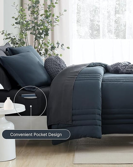 Monbix Full Size Comforter Set - 7 Pieces Blue Grey Bed in a Bag Full Size Bedding Sets with Comforters, All Seasons Comforter with Sheets,Pillowcases & Shams