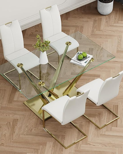 63'' Glass Dining Table for 4 or 6, 0.39" Tempered Glass Tabletop and Gold Stainless Steel Base, Large Dining Room Table for 6, Home Kitchen Table for Dining Room, Modern Dining Table for 6