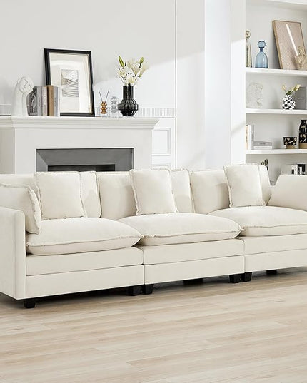 111'' Sectional Cloud Deep Seat Couch, Modern Comfy Chenille Modular Sectional Sofa for Living Room Set, Upholstered Modular 3-Seats Sofa Couch, Beige