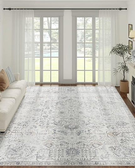 jinchan Area Rug 9x12 Washable Living Room Rug Vintage Indoor Large Floor Cover Retro Accent Mat Distressed Gray Floral Country Boho Non Slip Thin Carpet for Bedroom Kitchen Dining Room Office Grey