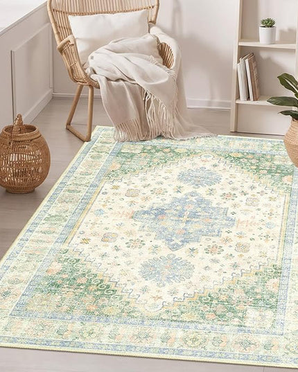 MUJOO 3x5 Rug Washable,Boho Area Rug for Bedroom Entryway Living Room Bathroom,Small Non Slip Indoor Throw Carpet Low Pile Light Green and Blue