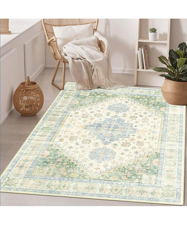MUJOO 3x5 Rug Washable,Boho Area Rug for Bedroom Entryway Living Room Bathroom,Small Non Slip Indoor Throw Carpet Low Pile Light Green and Blue
