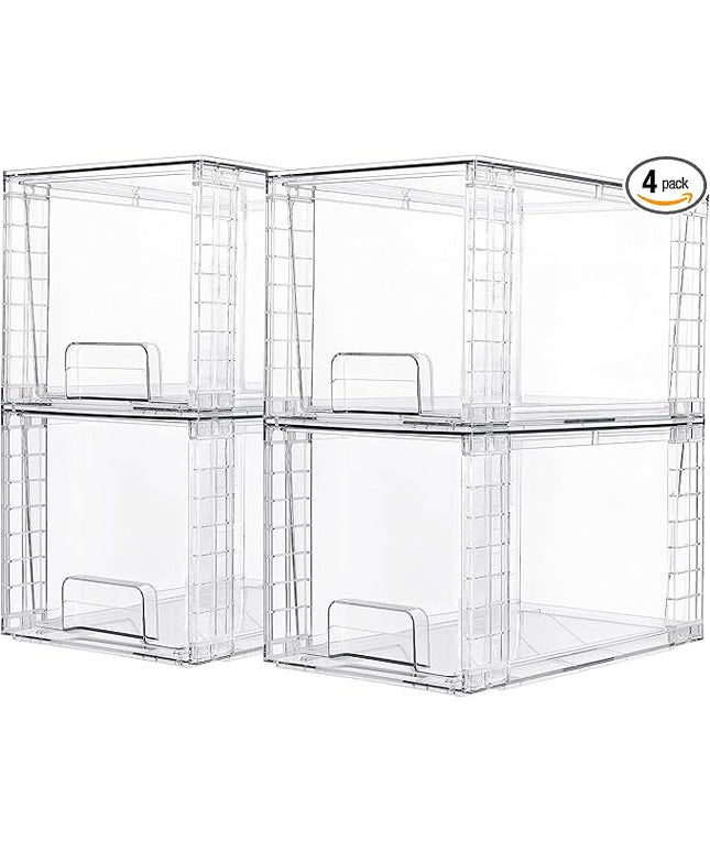 Vtopmart 4 Pack Large Stackable Storage Drawers,Easily Assemble Acrylic Bathroom Closet Undersink Organizers and Storage,Plastic Bins for Kitchen Cabinets,Pantry,Makeup,Medicine Organization
