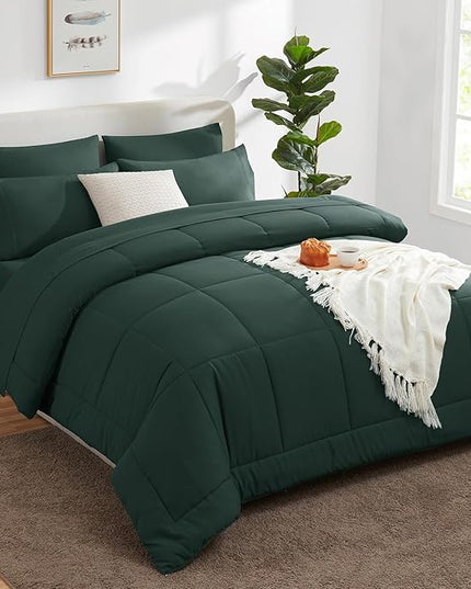 CozyLux Queen Comforter Set Forest Green, 7 Pieces Bed in a Bag, Green Comforter Queen Size, All Season Bedding Sets with Stitch Quilted Comforter, Flat Sheet, Fitted Sheet, Pillowcases