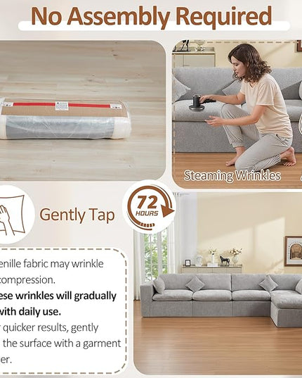 155''Cloud Boneless Sectional Couch, Modular Sectional Sofa Deep Seat with Ottoman, Oversized Upholstered Convertible Comfy 5 Seater Chenille Sofa L Shape Couches for Living Room, Light Grey