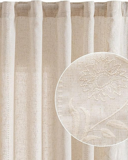 jinchan Winslow Linen Curtains for Bedroom 90 Inches Length Embroidered Bordered Floral Curtains for Living Room Farmhouse Decor Light Filtering Window Treatments Ivory on Beige Drapes 2 Panels