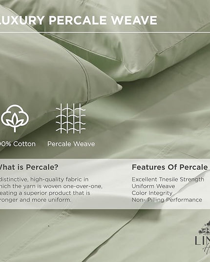 Linen Home 100% Cotton Percale Pillowcases King Size, Sage, 2 Pieces of Pillow Case, Crisp and Cool Strong Bed Linen, 20 inches X 40 inches
