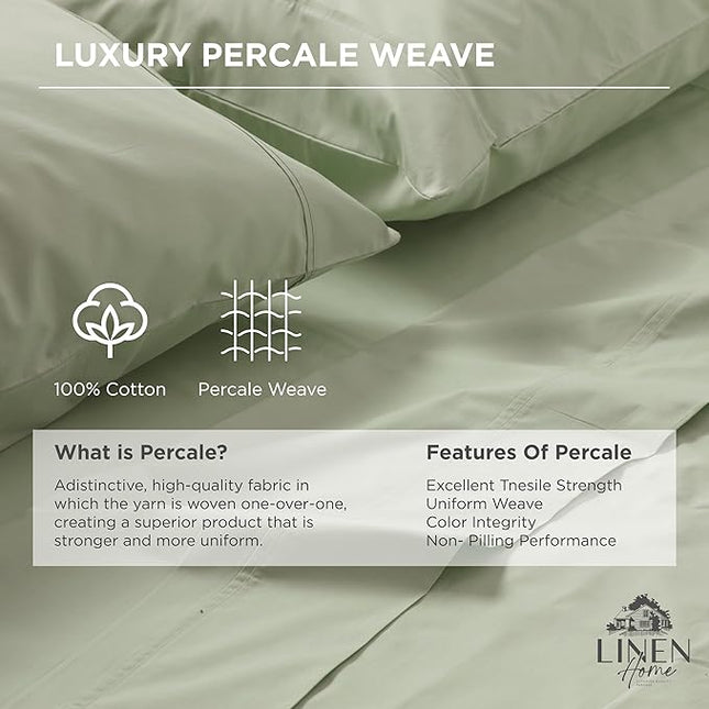Linen Home 100% Cotton Percale Pillowcases Queen Size, Sage, 2 Pieces of Pillow Case, Crisp and Cool Strong Bed Linen, 20 inches X 30 inches