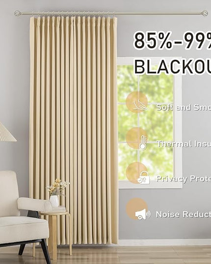 DONREN Beige Pinch Pleated Blackout Curtains with Hooks - 108 inch Length Room Darkening Thermal Insulated Window Curtain Panels for Living Room Bedroom 2 Panel 40" Wx108 L