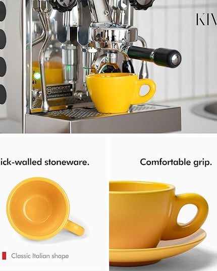 KIVY Cappuccino Cups Set of 4 [Set 4x 8oz] - Thick-Walled Stoneware Cappuccino Cup Set for Latte Art - Latte Art Mugs - Italian Capuccino Cups - Capuccino Ceramic Latte Cup and Saucer - Yellow