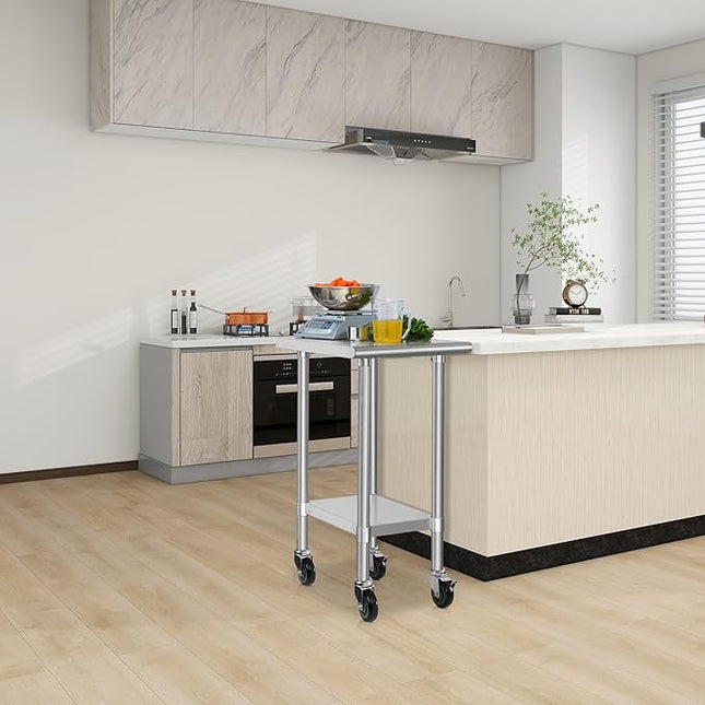 HARDURA Stainless Steel Commercial Table Prep & Work Table with Casters Heavy Duty Metal Table with Wheels NSF 430 24×18 Inches