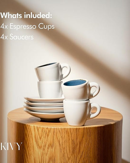 KIVY 3 oz Espresso cups set of 4 - Thick walled stoneware espresso cup set - Italian style espresso cups and saucers - Expresso shots cup - Small coffee mugs and saucers - Blue