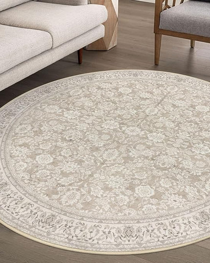 6' Round Rug Washable Rug for Entryway, Cream Beige White Grey Soft Non-Slip Area Rugs Distressed Floral Low-Pile Carpet, Neutral Vintage Circle Rugs for Living Room Dining Bedroom Foyer