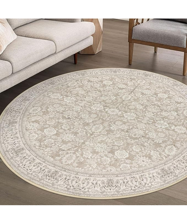 6' Round Rug Washable Rug for Entryway, Cream Beige White Grey Soft Non-Slip Area Rugs Distressed Floral Low-Pile Carpet, Neutral Vintage Circle Rugs for Living Room Dining Bedroom Foyer