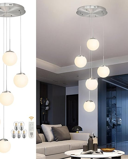 KoKo&Yukina 5-Light Globe Glass Pendant Light Adjustable Length Pendant Lights Fixtures Modern Nickel Chandelier with Milky White Glass Ceiling Lights for Foyer Hallway Bedroom (Bulb & Remote Incl.)