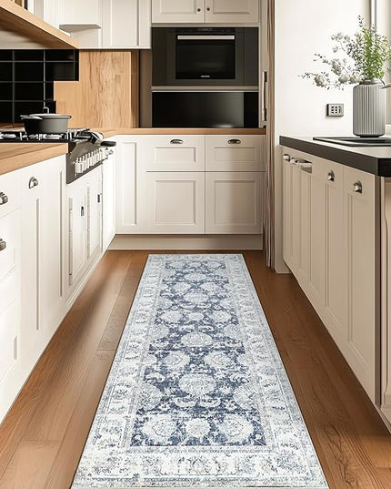 jinchan Runner Rug 2x7 Machine Washable Hallway Rug Dark Blue Vintage Floral Print Non-Slip Low Pile Ultra-Thin for Kitchen,Entryway,Laundry Room,Bedroom,Farmhouse (2‘x7’,Dark Blue)