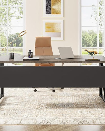 Tribesigns 63 inches Computer Desk with Bottom Storage Shelf Home Office Desk Writing Table for Workstation,Dark Walnut + Steel Leg， Cabinet not Included (Grey, 63-inch-with Shelf)