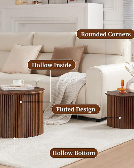 Small Fluted Round Nesting Coffee Table Set of 2, Mid Century Modern Coffee Table Circle Side Table, Wood Nesting Table Farmhouse End Tables Set for Living Room, Bedroom, Small Spaces(Walnut