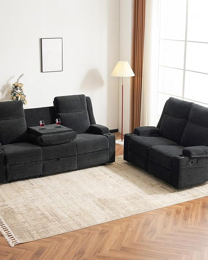 Manual Living Room Reclining Sofa Set, Comfy Chenille Loveseat Recliner Sofa & Deep Seat Reclining Couch, RV Wall Hugger Recliner Sofa Set for Living Room Furniture Sets(Black)