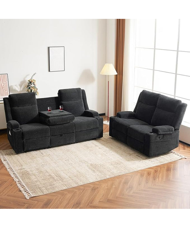 Manual Living Room Reclining Sofa Set, Comfy Chenille Loveseat Recliner Sofa & Deep Seat Reclining Couch, RV Wall Hugger Recliner Sofa Set for Living Room Furniture Sets(Black)