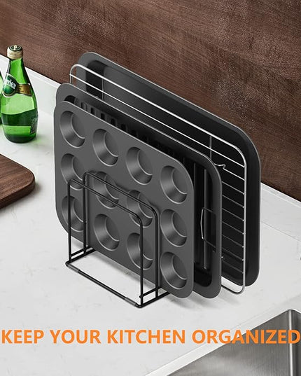 Kitchen Cabinet Organizer, Steel Cookware Holder, Divided Holder with 5 Slots for Skillets Baking Tray and Chopping Board Rack - Baking Pan Holder Storage (2 PCS)