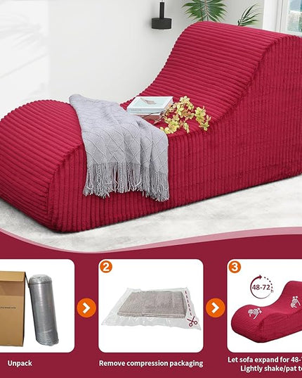 Rattaner Corduroy Chaise Lounge Chair Couch Indoor Boneless Oversized High-Density Sponge Soft Sofa for Yoga, Red