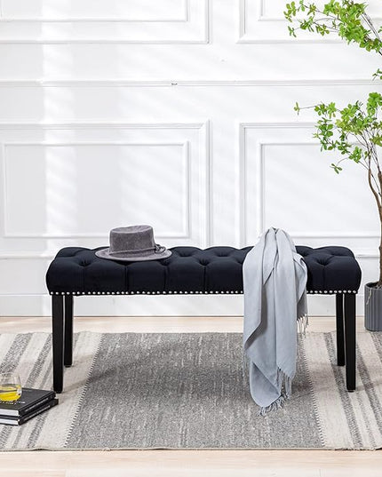KCC Button-Tufted Ottoman Bench, Upholstered Bedroom Benches Velvet Footrest Stool Accent Bench for Entryway Dining Room Living Room Bedroom End of Bed, Black