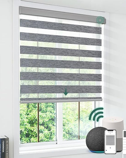 Cordless Motorized Zebra Blinds for Windows with Remote, Custom Dual Layer Smart Semi Sheer Zebra Shades Work with Alexa Google, Automatic Electric Light Filtering Zebra Roller Shades, Grey
