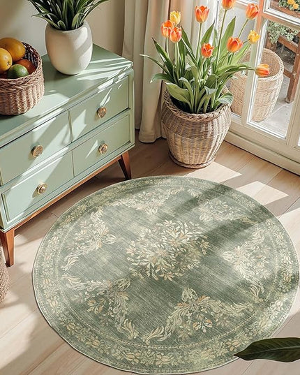jinchan Round Rug 4ft Area Rugs Vintage Floral Distressed Design Machine Washable Soft Non-Slip Low-Pile Ultra-Thin Christmas Circle Rug for Entryway Living Room Kitchen Nursery (4' Round, Dark Green)