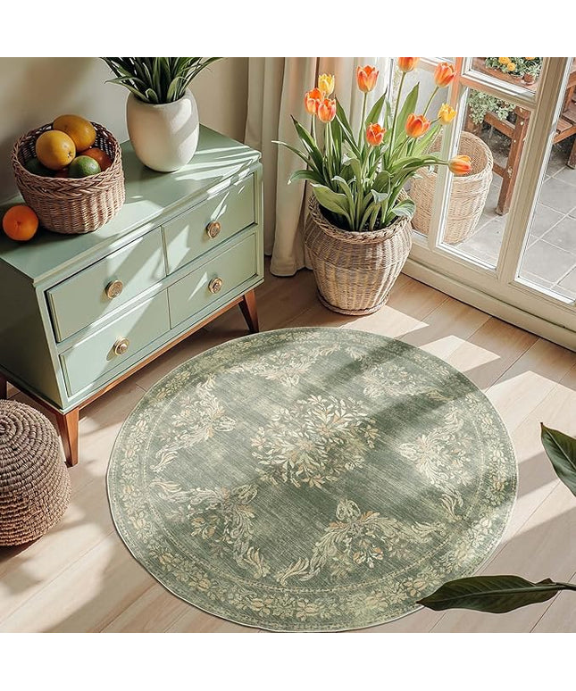 jinchan Round Rug 4ft Area Rugs Vintage Floral Distressed Design Machine Washable Soft Non-Slip Low-Pile Ultra-Thin Christmas Circle Rug for Entryway Living Room Kitchen Nursery (4' Round, Dark Green)