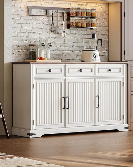 IRONCK Fluted Buffet Sideboard Cabinet with 3 Drawers, 52.9" Farmhouse Large Buffet Table with 3 Doors, Coffee Bar with Adjustable Shelf, Modern Storage Cabinet for Kitchen, Living, Dining Room, White