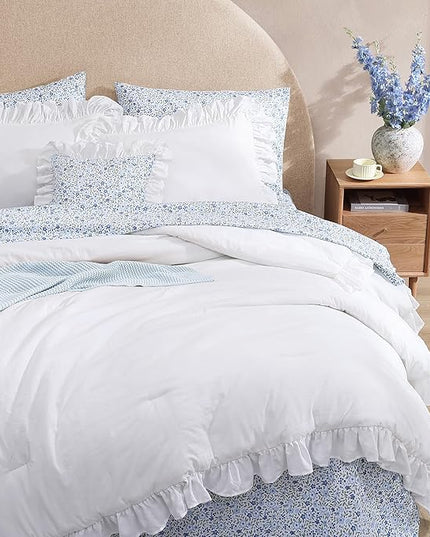 Full Comforter Set - 7 Pieces Ruffle White Bedding Sets, Shabby Chic Farmhouse Bed in a Bag Full with Ruffle Comforter, Floral Sheets, Pillowcases & Shams