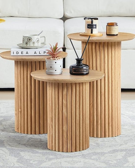 Round Nesting Coffee Table Set of 3,Mid Century Modern Fluted Coffee and End Table Set,Small Circle Wooden Side Table Drink Table for Living Room (Natural)