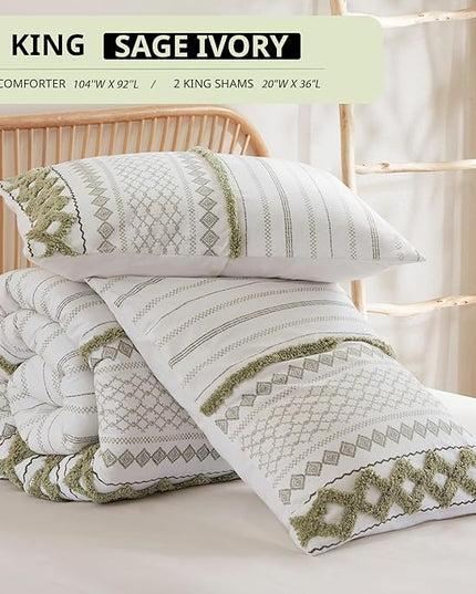Ink+Ivy Comforter for King Size Bed, Chenille Tufted, Breathable Cotton Comforter Set, All Season Modern Boho Comforter with Farmhouse Bedding Flare, 2 Matching Shams, King Sage Green/Ivory 3 Piece