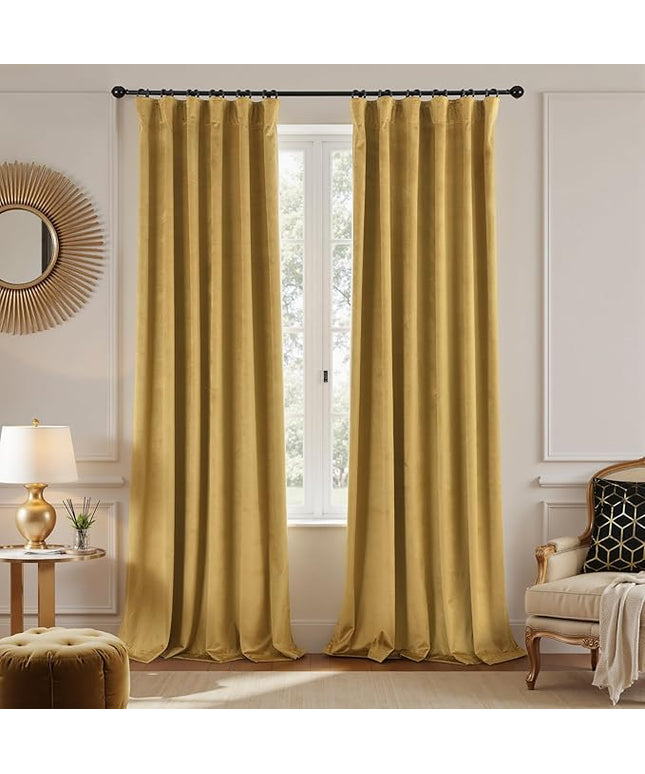 KOUFALL 90 Inch Long Golden Velvet Bay Window Curtains for Living Room,Honey Gold Luxury Livingroom Curtains Semi Black Out Window Treatments