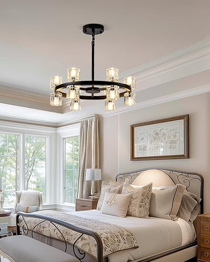 18'' Modern Large Chandelier, 12-Light Elegant Crystal Chandeliers for Dining Room, Black Farmhouse Round Wagon Wheel Pendant Lighting Fixture with Glass Shade for Living Room High Ceilings Entryway