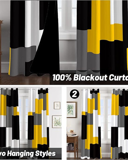 Yellow 100% Blackout Curtains for Bedroom 63 inch Length 2 Panels Set Mustard Yellow Grey Modern Abstract Geometric Black Out Curtains Room Darkening Window Drapes for Living Room, 52Wx63L