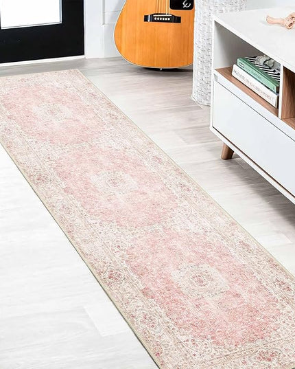 Washable Runner Rug 2x8,Pink Rug Runners Non Slip,Long Boho Rugs for Hallways Kitchen Bedroom Entryway Living Room Bathroom,Vintage Bohemian Distressed Floor Carpet,Blush