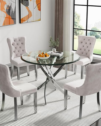 HomVent Round Glass Dining Table Set for 4, Modern Tempered Glass Kitchen Table Set and Chairs, Round Glass Dining Room Table Set for Kitchen (Silver, 36 inch Silver Table with 4 Beige Chairs)