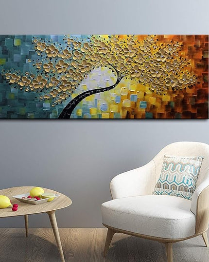YaSheng Art -100% Hand Painted 3D Golden Flowers Contemporary Art Oil Painting On Canvas Texture Palette Knife Tree Paintings Home Dining Room Living Room Wall Decor Large Abstract Canvas Art Paintings 24x60inch