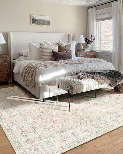 MUJOO 9x12 Area Rug,Washable Rugs for Living Room Bedroom Dining Room,Boho Large Non Slip Throw Carpet Indoor,Low Pile Light Pink and Green
