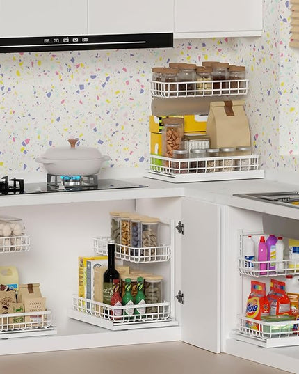 Under Sink Organizer, Adjustable Height Pull-Out Kitchen Storage Organization,15.8" x 11.8" x 16.5",2-Tier Kitchen Shelf,Bathroom Drawer Organizer, White