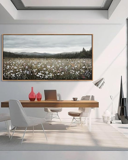HGUAOA Vintage Landscape Wall Art for Bedroom and Living Room - Large Floral Artworks Farmhouse Wall Decor - Framed Neutral Nature Pictures - Above Bed Wall Decor with Mountain Scenery 29×58IN