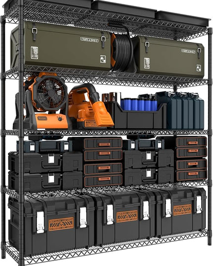 5 Tiers Storage Shelves Load 3300LBS, Metal Shelving Wire Metal Shelving Unit Shelves for Storage Adjustable Garage Shelving for Pantry Kitchen Garage Black 17.7" D x 59.1" W x 70.4" H