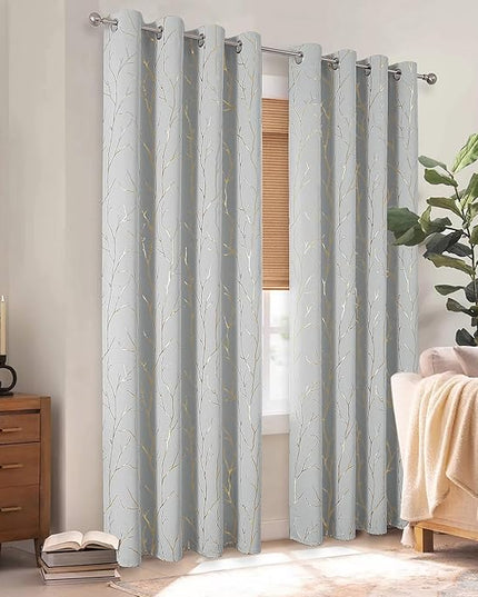 BUHUA Blackout Curtains 84 Inches Long, Gold Foil Print Pattern Room Darkening Curtain, Living Room Curtains & Drapes, Thermal Insulated Window Panel Set, 52 x 84 Inch, Silver