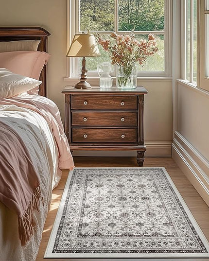 jinchan Floral 3x5 Area Rugs for Entryway - Beige Vintage Distressed Design Doormat Non-Slip Ultra-Thin Low Pile Boho Rug for Kitchen Living Room Bedroom Farmhouse (3‘x5', Beige)