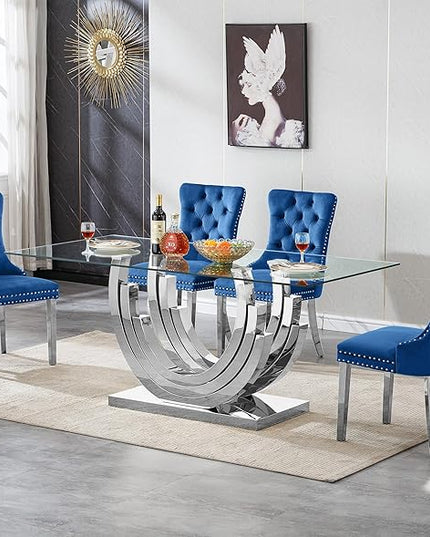 Henf 5-Piece Dining Table Set with 4 Upholstered Dining Chairs, Large Dining Table and Chair Set for 4, Modern Glass Kitchen Table Furniture for Dining Room, Glass Top and Stainless Steel Pesestal